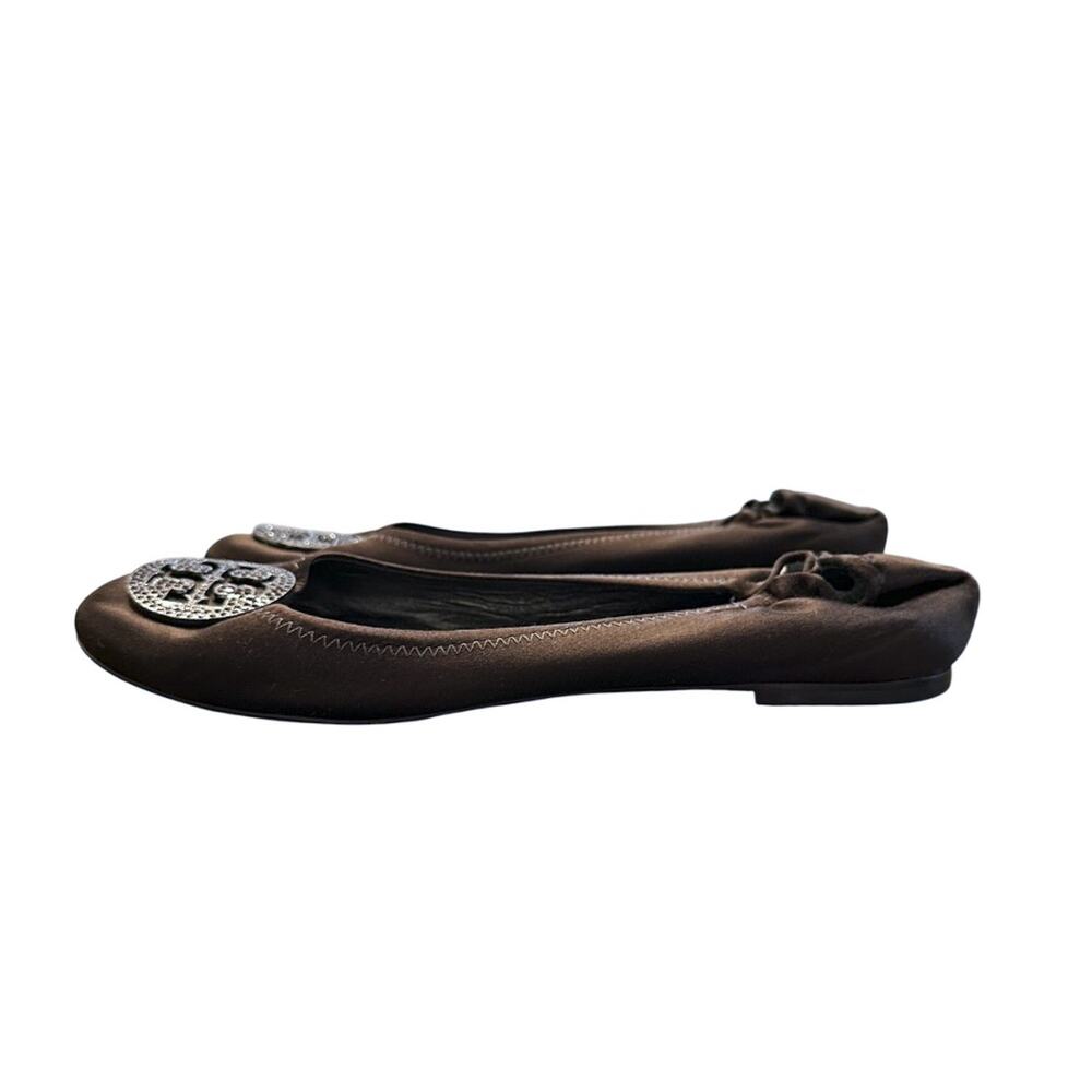 Tory Burch Minnie Crystal Reva Embellished Logo Ballet Flats Size 10 Brown - Picture 3 of 10